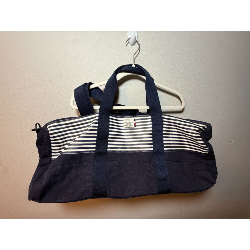 Tommy Hilfiger Navy Blue White Striped Canvas Duffel Weekender
